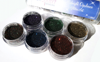 Midnight Opulence Glitter Tube Set laid out so you can see the contents of the jars