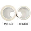 Sticky Roll double sided adhesive in 10m and 25m lengths, side by side from above to show the different widths of the rolls